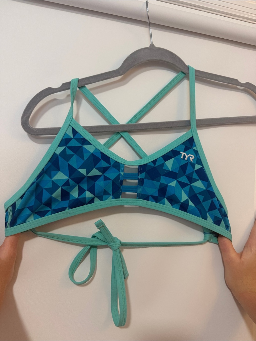 TYR Teal & Blue Geometric Strappy Swim Top